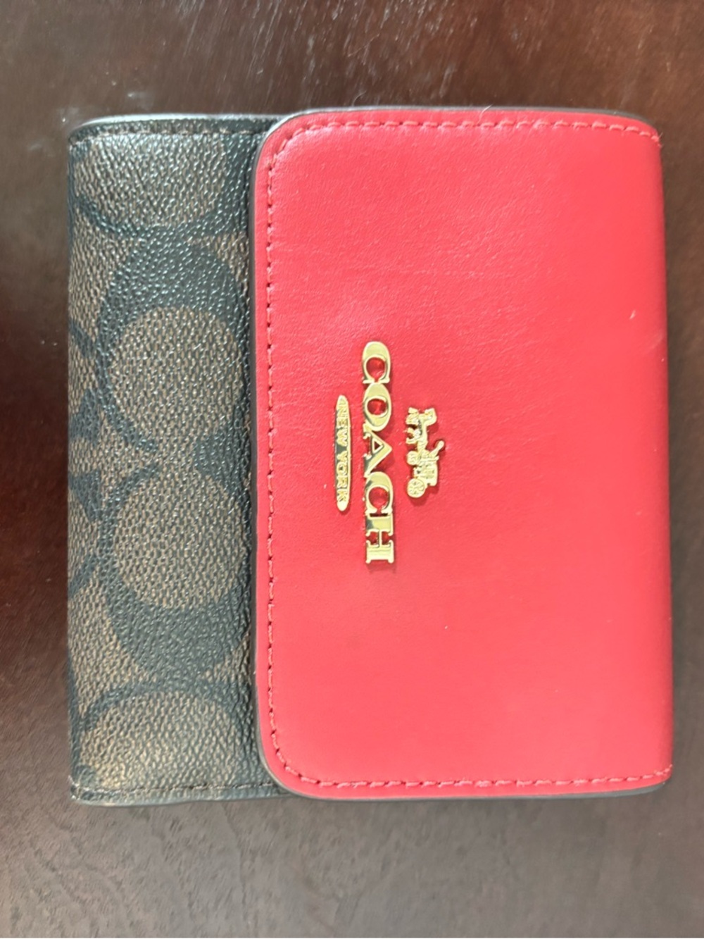 Coach Red and Brown Signature Compact Wallet with Gold Logo